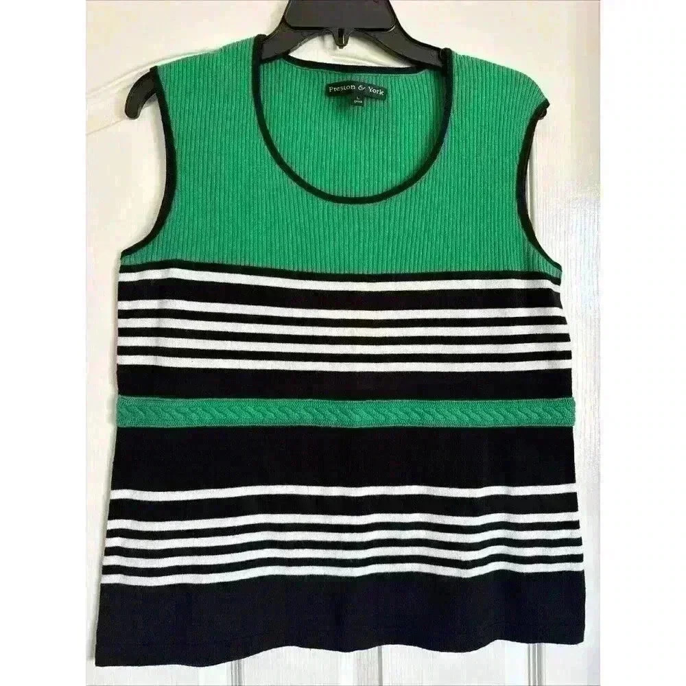 Preston & York Sleeveless Knit Top Black/white/green Large Stripped